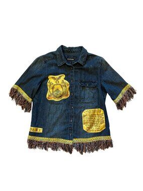 EXPRESS Embellished Denim Fringe Shirt Vintage Textile Boho WWII Mother NY